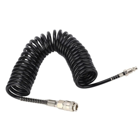 Flexible Coiled Air Hose Quarter Inch Durable Pressure Fits Tire Inflator Pump Compressor Tools Plus Dust Blowers For Car And Motorcycle Garage Shop Nylon Design Easy Storage Twenty Three Feet Length Is Good For Hot Shop Guys Got Big Deal., black coiled air hose with metal fittings