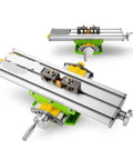 Rock Solid Compact Bench Drill Vise And Lathe Worktable Fixture With Dead Nuts Accurate X And Y Adjustment Coordinate Table shown from above and side, featuring durable aluminum and green base for precision work.