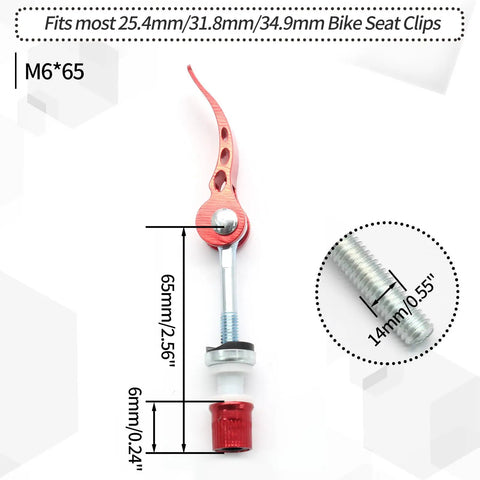 High Strength Aluminum Bike Seat Post Quick Release Pin M6x65mm Clamp Bolt, red, shown with size dimensions and mechanism detail.