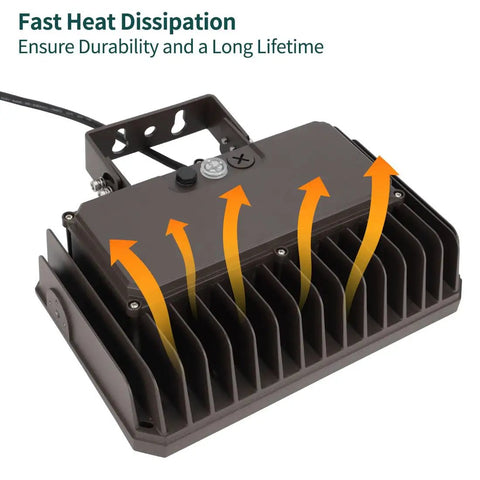 Built Tough Adjustable 150W LED Flood Light With Dusk To Dawn Photocell showcasing heat dissipation features.