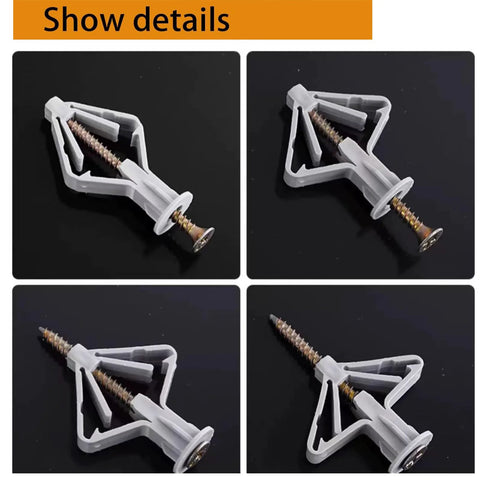 Plastic Toggle Anchors With Screws 50 Pack Wall Plug Set for Drywall, shown in flat lay with foldable butterfly design.