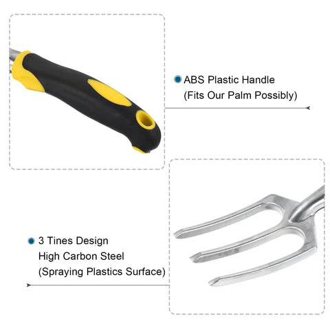 Close-up of Three Tine Hand Garden Fork With Aluminum Alloy Non Slip Handle, showing ABS plastic handle and tines design.