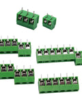 60 Pack Go-To 2 Pin and 3 Pin 5mm Pitch PCB Mount Screw Terminal Block Connectors Can Be Spliced Green for 14-22 AWG Wires Rated AC 300V 10A Easy To Install. Green PCB screw terminal blocks, 2-pin and 3-pin, 5mm pitch, shown in mixed sizes.