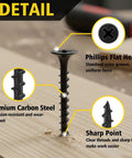 Close-up of screw from 300 Piece Drywall And Wood Screws Assortment Kit With Flat Head Coarse Thread Phillips Drive Black Finish DIY Friendly Eight Sizes From Two Inch To One Half Inch, showing Phillips flat head, carbon steel material, and sharp point.