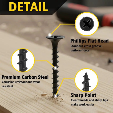 Close-up of screw from 300 Piece Drywall And Wood Screws Assortment Kit With Flat Head Coarse Thread Phillips Drive Black Finish DIY Friendly Eight Sizes From Two Inch To One Half Inch, showing Phillips flat head, carbon steel material, and sharp point.