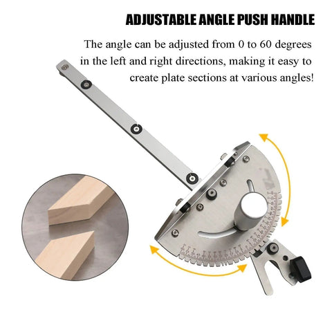 Adjustable angle push handle for the Rock Solid 450mm Table Saw Miter Gauge, showcasing 0 to 60-degree angle adjustments.