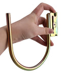 Hand holding a part of the 8 Piece Heavy Duty E Track Hooks Set J And L Style For Cargo Tie Downs In Trucks Trailers And Vans With Spring Fittings Rust Resistant Steel Hangers For E Track And X Track Systems Gold.