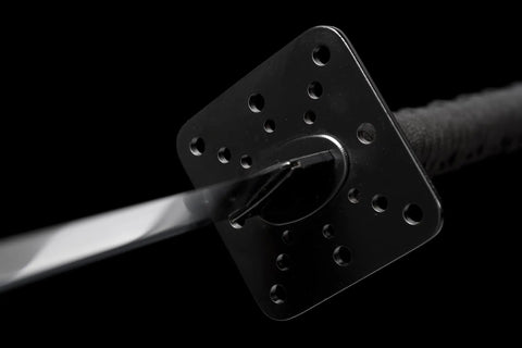 Close-up of the Handmade Full Tang Samurai Katana Black Ninjato Ninja Sword Replica Battle Ready Spring Steel Blade's guard