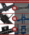 Comparison showing All Aluminum Cabinet Hardware Jig with precise mm markings vs. rough scale competitor, sturdy CNC aluminum.