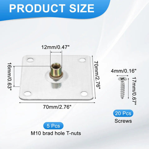 M10 Brad Hole Tee Nuts Complete Pack with dimensions, features durable metal and includes 20 screws for assembly.
