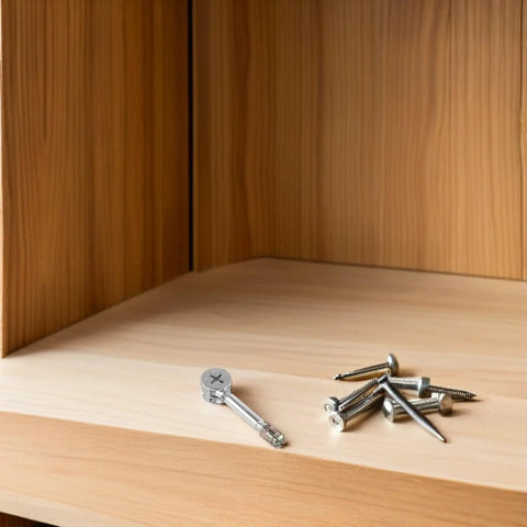 Built Right 40 Piece Drawer Connector Hardware Kit With Pre Inserted Bolts And Nuts Pro Grade alloy cam bolt and screws on wooden shelf.