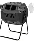 Dual Chamber Outdoor Compost Tumbler With 43 Gallons Capacity 360 Degree Rotating Barrel in black, front view