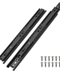 Heavy Duty Steel 13 Inch Drawer Slides Full Extension Ball Bearing Side Mount Cabinet Rails With Screws For Furniture Dead Smooth Glide And Easy Setup Black Two Pack with screws on white background.