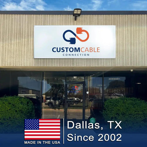 Front view of Custom Cable Connection store, featuring a sign and American flag with text 'Dallas, TX Since 2002'.