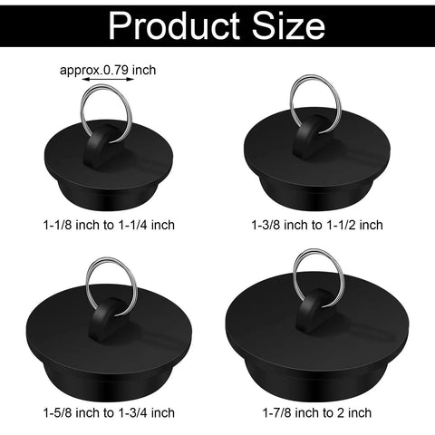 Four Piece Tub Stopper Set With Hanging Ring Rubber Drain Plugs for Tub Sink Kitchen and Bathroom in Black, multiple sizes shown