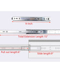 Heavy Duty 9 Inch Side Mount Drawer Slides Solid Ball Bearing Cabinet Hardware dimensions showing steel track lengths and extension.