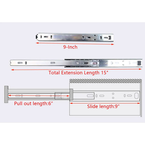 Heavy Duty 9 Inch Side Mount Drawer Slides Solid Ball Bearing Cabinet Hardware dimensions showing steel track lengths and extension.