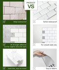 Comparison of Thicker Peel And Stick Subway Tile Backsplash For Kitchen And Bathroom White, showing waterproof and adhesive strength.