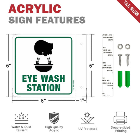 Front view of Eye Wash Station Sign 2 Pack 6 By 6 Inches Acrylic Signs With Pre Drilled Holes Including Screws For Office And Business Use UV Resistant Waterproof No Fade