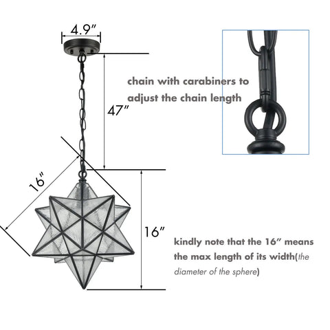 Diagram showing Moravian Star Pendant Light With Seeded Glass Shade, Adjustable Chain, 16 Inch Diameter, dimensions and chain details