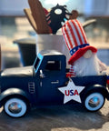 Farmhouse Blue Truck Tabletop Decor For Indoor And Outdoor Use Vintage Car Truck with USA-themed gnome on kitchen counter
