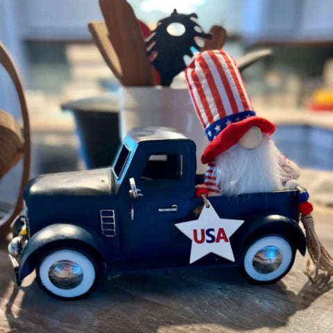 Farmhouse Blue Truck Tabletop Decor For Indoor And Outdoor Use Vintage Car Truck with USA-themed gnome on kitchen counter