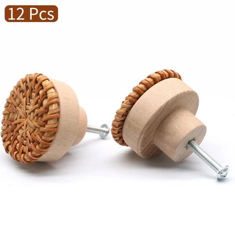 12 Pack Brown Boho Rattan Dresser Knobs With Screws Included, 40mm By 30mm Cabinet Drawer Knobs, Natural Wood Pulls For Furniture, Rustic Modern Vibe, Durable Solid Wood Construction, Smooth Finish, Easy Install.