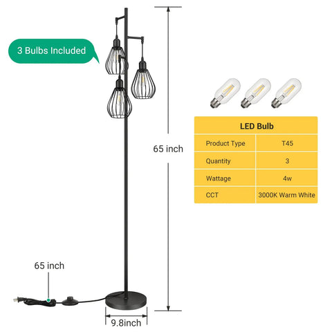 Dope Industrial Tree Floor Lamp With Three Teardrop Cage Heads, Includes Three 4W 3000K LED Edison Bulbs, 65in tall with sturdy base