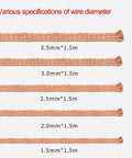Desoldering Wick Braid With Flux For No Clean Soldering, 5 Ft Length, 4 mm Width, multiple copper braid sizes, labeled dimensions.