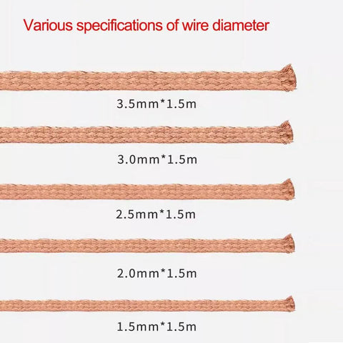 Desoldering Wick Braid With Flux For No Clean Soldering, 5 Ft Length, 4 mm Width, multiple copper braid sizes, labeled dimensions.