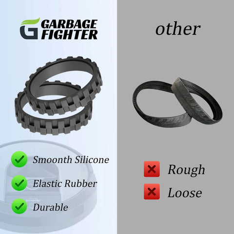 Comparison of Garbage Fighter smooth silicone Roomba wheels and rough, loose other wheels.