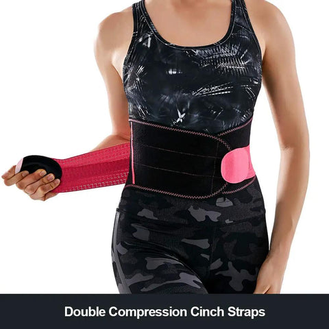 Woman wearing Slip On This Breathable Lumbar Support Belt To Lock Firm Compression And Fast Lower Back Pain Relief While Quieting Sciatica Kinks.