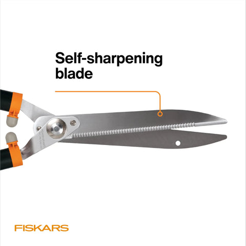 Power-Lever Hedge Shears 23-Inch With Self-Sharpening Blades For Thick Branches And Dense Hedges Lightweight 2.6 Pound Tool That Doubles Your Cutting Power For Quick Beastly Pruning showing self-sharpening blade