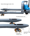 Solid Electric Pallet Jack With 3300 Lbs Capacity And Removable Lithium Battery specifications showing fork measurements and wheel sizes.