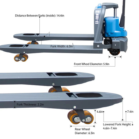 Solid Electric Pallet Jack With 3300 Lbs Capacity And Removable Lithium Battery specifications showing fork measurements and wheel sizes.