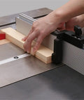 Heavy Duty Aluminum Miter Gauge With Track Stop For Table Saw And Router No Wiggle Sliding Fence in use with wood piece.