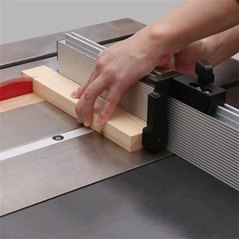 Heavy Duty Aluminum Miter Gauge With Track Stop For Table Saw And Router No Wiggle Sliding Fence in use with wood piece.