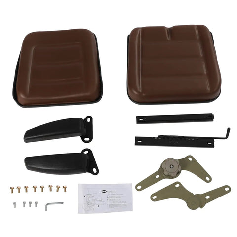 Kick Butt While You Work With This Built Tough Universal Tractor Seat Featuring Adjustable Backrests Foldable Armrests And Heavy Duty Foam For Forklifts Mowers Skid Steers components including brown seat cushions and armrests.