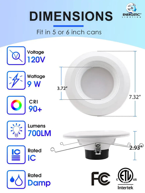 Diagram of 5/6 Inch LED Recessed Light Kit With Night Light, Dimmable And Energy Smart, 9W Equals 85W, 3000K Warm White, dimensions shown.