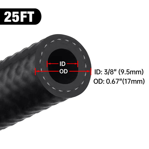Beefy Three Eighths Inch Fuel Hose With Push Lock NBR Rubber SAE 30R7 25Ft showing dimensions ID 3/8 inch, OD 0.67 inch.