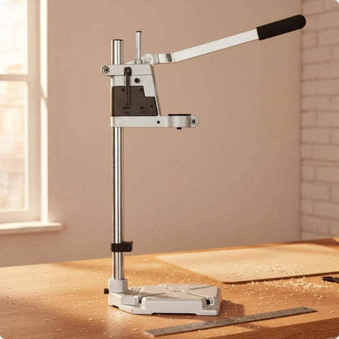 Drill Press Stand with Adjustable Depth Control and Vertical Support, Double Hole Aluminum Base on a workbench.