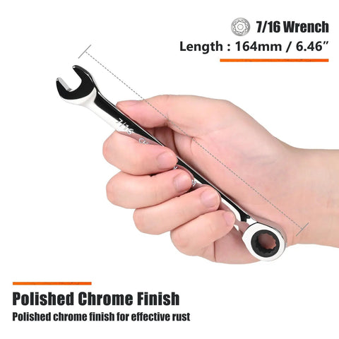 Hand holding 9/16 Inch Ratcheting Combination Wrench SAE Industrial Grade Gear Spanner With 12-Point Design 72-Tooth Ratchet