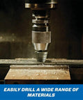M35 Cobalt Step Drill Bit Set For Metal 3/16 To 7/8 Inch Eight Step Workhorse drilling into metal, demonstrating heavy-duty use.