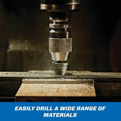 M35 Cobalt Step Drill Bit Set For Metal 3/16 To 7/8 Inch Eight Step Workhorse drilling into metal, demonstrating heavy-duty use.