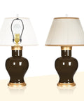 2 table lamps with white shades and gold accents, suitable for 2 Pack 1.5 Inch Tall Lamp Finials White And Gold With 1/4-27 Thread Cap Knobs And Cleaning Cloth For Table And Floor Lamps Shade Holder Decor Durable Metal Construction No-Fuss Easy Screw On Install Great For Chandeliers And Living Room Lighting.