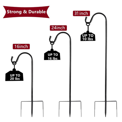 Two Pack Adjustable Shepherd Hooks With Heights Of Thirty One Twenty Four And Sixteen Inches Heavy Duty One Half Inch Thick Black Outdoor Hangers For Lanterns Solar Lights Bird Feeders Planters Wedding Aisles And Yard And Patio Garden Decor front view