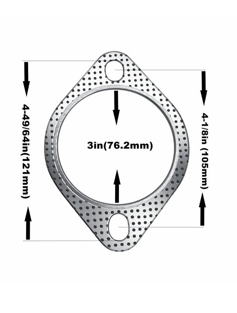 Exhaust gasket, 3in bore, two-bolt flange, perforated metal for muffler flange