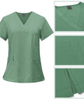 Green Womens Scrubs Set With Top And Jogger Pants Machine Washable Nurse Workwear For Spa Beauty Salons Medical Staff Vet Clinics