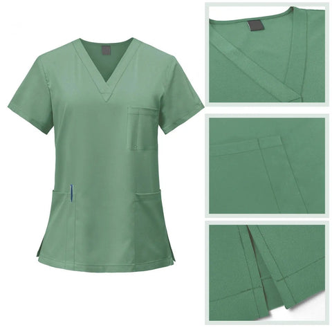 Green Womens Scrubs Set With Top And Jogger Pants Machine Washable Nurse Workwear For Spa Beauty Salons Medical Staff Vet Clinics