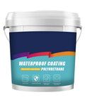 Polyurethane waterproof coating bucket with white lid and colorful label on front view for outdoor and indoor use
